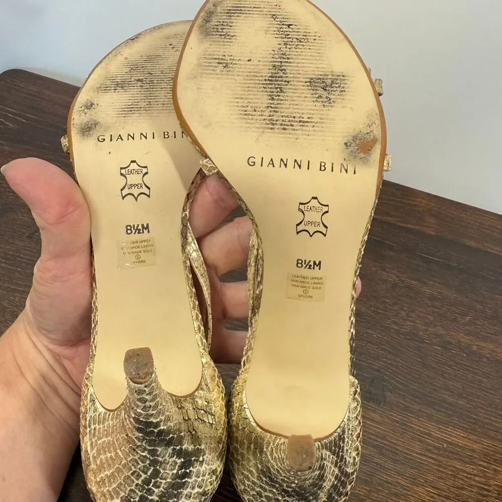 Gianni Bini Women’s gold leather snake Print 3” straps heel Sphere size 8.5